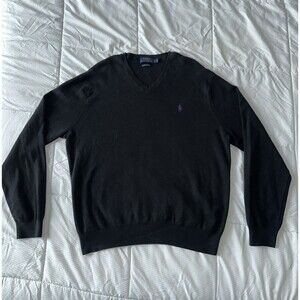 Polo Ralph Lauren Sweater Mens XL Black 100% Pima Cotton Pullover V Neck Classic